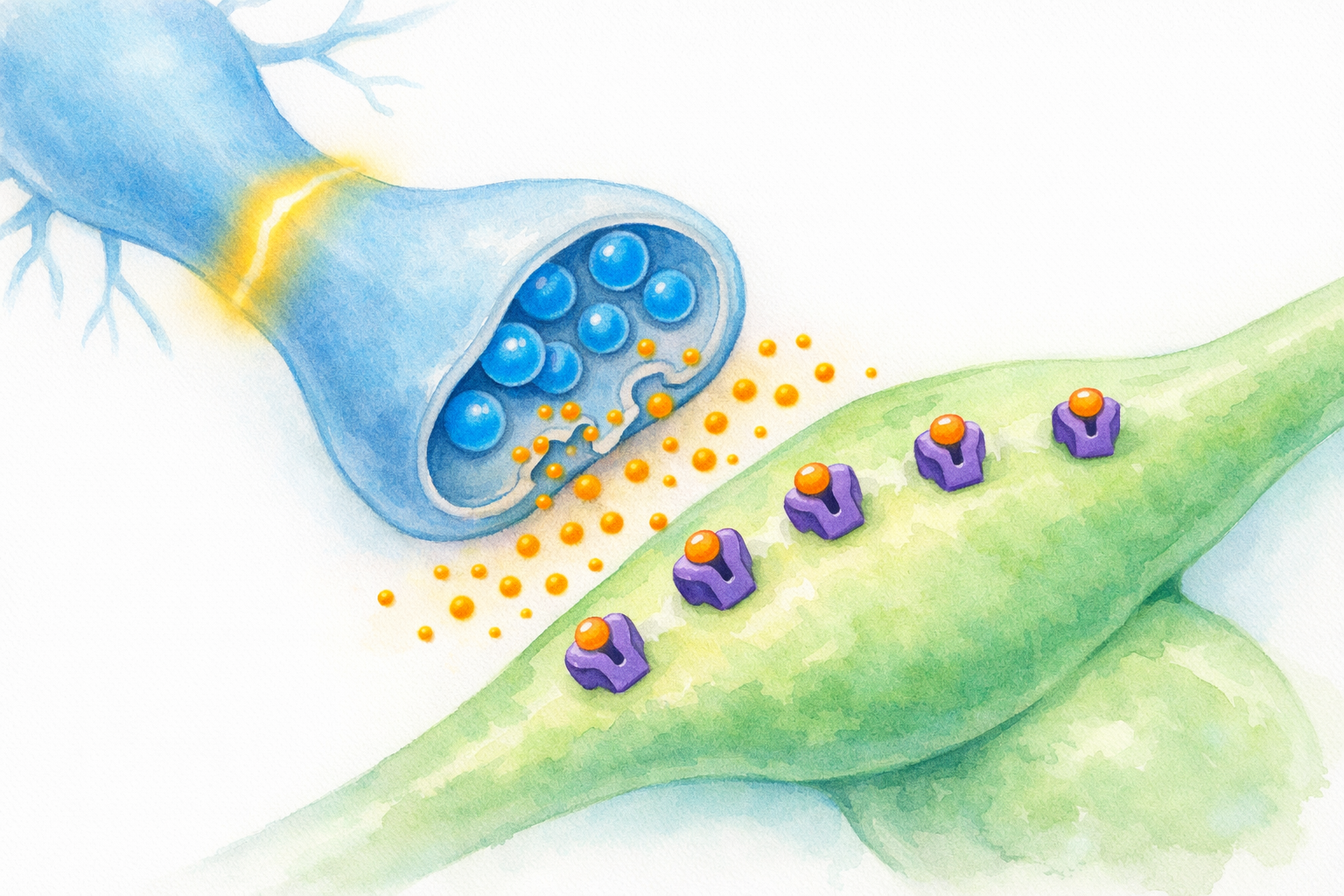 Scientific watercolor illustration showing the seven stages of beta-amyloid production and aggregation along a neuron cell membrane, from APP protein on the left to a mature amyloid plaque on the right