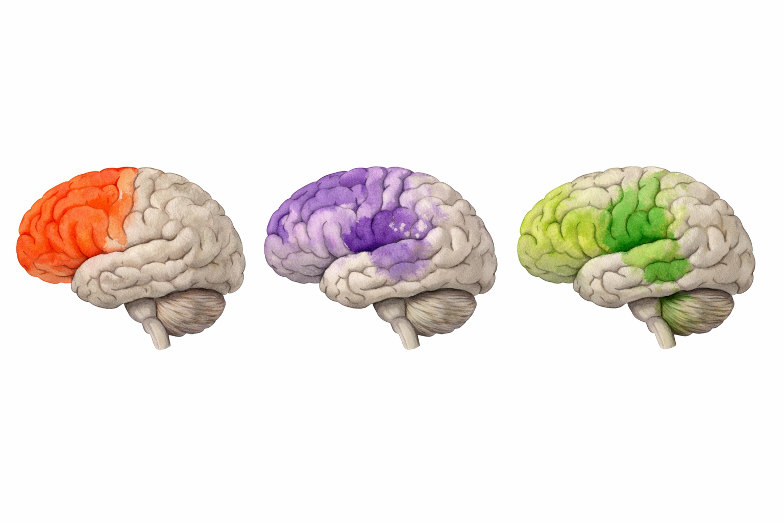 Three lateral side-view brain diagrams arranged horizontally comparing Pick's disease (left, orange-red frontal and anterior temporal lobe atrophy), corticobasal degeneration (middle, purple motor cortex and basal ganglia), and progressive supranuclear palsy (right, green midbrain, basal ganglia, and lighter green frontal cortex)