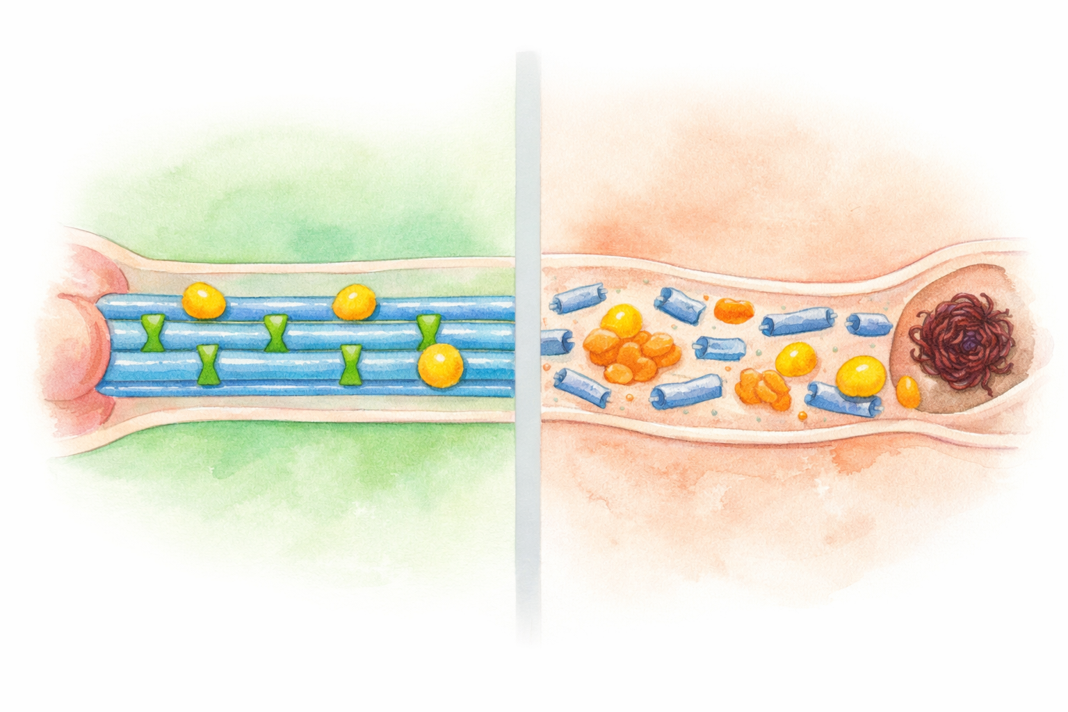 Side-by-side comparison of a healthy neuron axon with intact blue microtubules, green tau cross-ties, and yellow transport vesicles on the left, and a diseased neuron axon with fragmented microtubules, detached orange hyperphosphorylated tau, dark red neurofibrillary tangles, and stranded vesicles on the right
