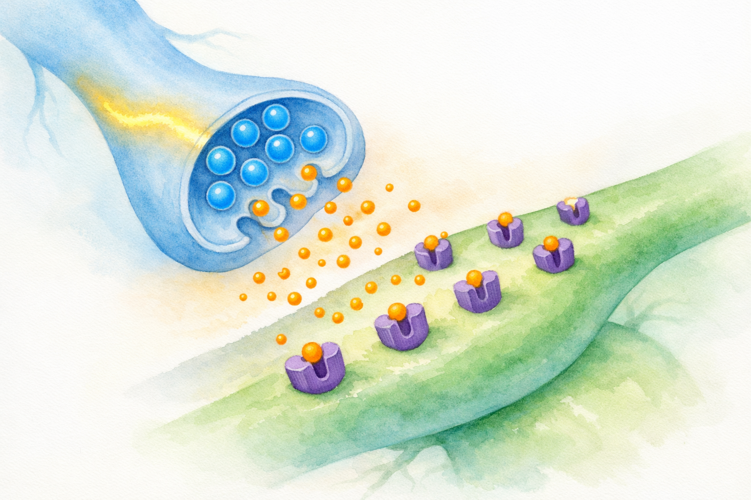 Scientific watercolor illustration of a chemical synapse: a pale blue presynaptic neuron in the upper-left with an axon terminal holding bright blue synaptic vesicles, a yellow action potential traveling along the axon, orange neurotransmitter molecules crossing a narrow synaptic cleft, purple receptor sites on a pale green postsynaptic dendrite in the lower-right.