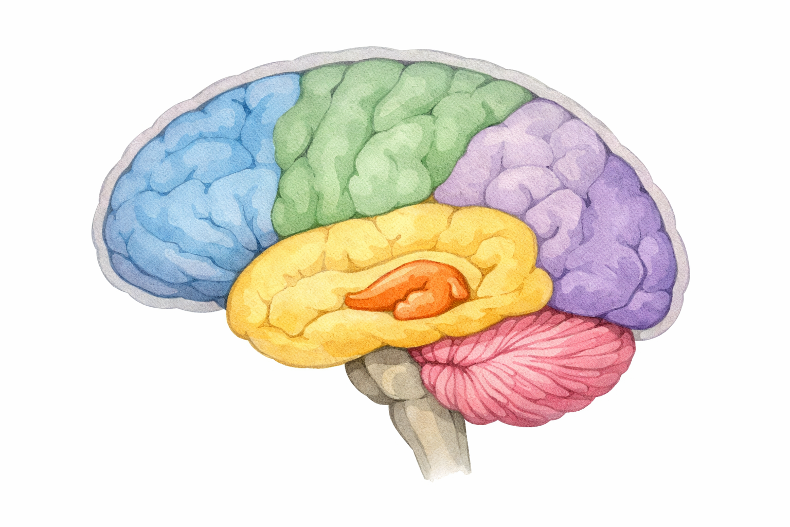 Mid-sagittal view of the human brain showing the cerebral cortex, four color-coded lobes (frontal blue, parietal green, temporal yellow, occipital purple), the hippocampus (orange) deep inside, and the cerebellum (pink) at the lower back