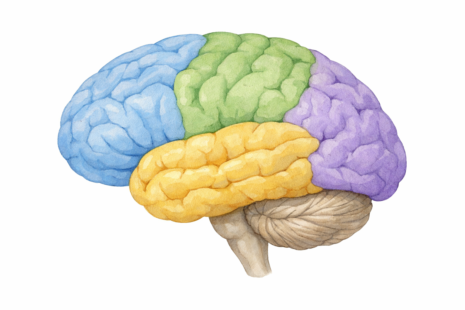 Lateral side view of the human brain with four color-coded cerebral lobes: frontal (blue), parietal (green), temporal (yellow), and occipital (purple)